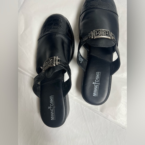 MINNETONKA BLACK LEATHER ALLIGATOR GRAIN CAP TOE MULES CONCHO SLIDE SHOES SIZE 8 - Picture 7 of 11